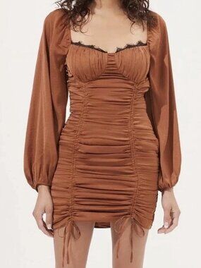 ASTR the Label Mardi Lace Trim Ruched Sweetheart Mini Dress Bronze M